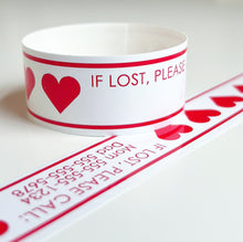 Load image into Gallery viewer, ID BANDS | VALENTINE HEARTS - Bushel & Peck Paper - set of 12 custom printed adustable vinyl travel bands for kids and adults