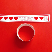 Load image into Gallery viewer, ID BANDS | VALENTINE HEARTS - Bushel & Peck Paper - set of 12 custom printed adustable vinyl travel bands for kids and adults
