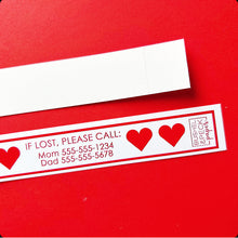 Load image into Gallery viewer, ID BANDS | VALENTINE HEARTS - Bushel & Peck Paper - set of 12 custom printed adustable vinyl travel bands for kids and adults