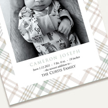 Load image into Gallery viewer, Custom Photo Birth Announcement - Classic Plaid Bushel &amp; Peck Paper
