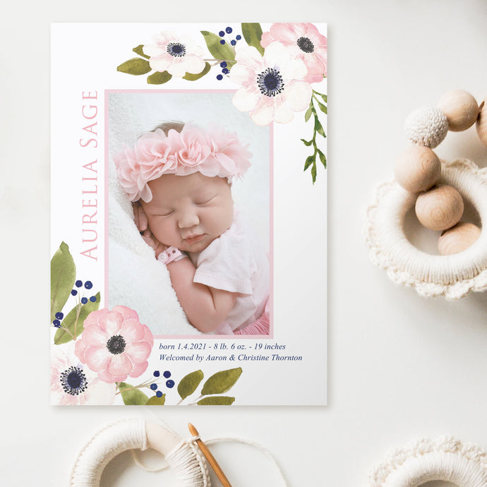 Birth Announcement - Pink Anemone freeshipping - Bushel & Peck Paper