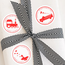 Load image into Gallery viewer, Valentine Stickers - 3" Round - Plane Firetruck Train