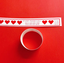 Load image into Gallery viewer, ID BANDS | VALENTINE HEARTS - Bushel &amp; Peck Paper - set of 12 custom printed adustable vinyl travel bands for kids and adults
