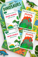 Load image into Gallery viewer, Dino bookplates flat-lay Pinterest image
