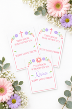 Load image into Gallery viewer, Flower cross bookplates fanned among fresh flowers
