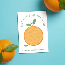 Load image into Gallery viewer, A white rectangular card with a printed orange illustration and the text 'Lil' Cutie on the May!' and 'Plant Me &amp; Watch Me Grow' is laid on a bright blue background, surrounded by real oranges with green leaves.
