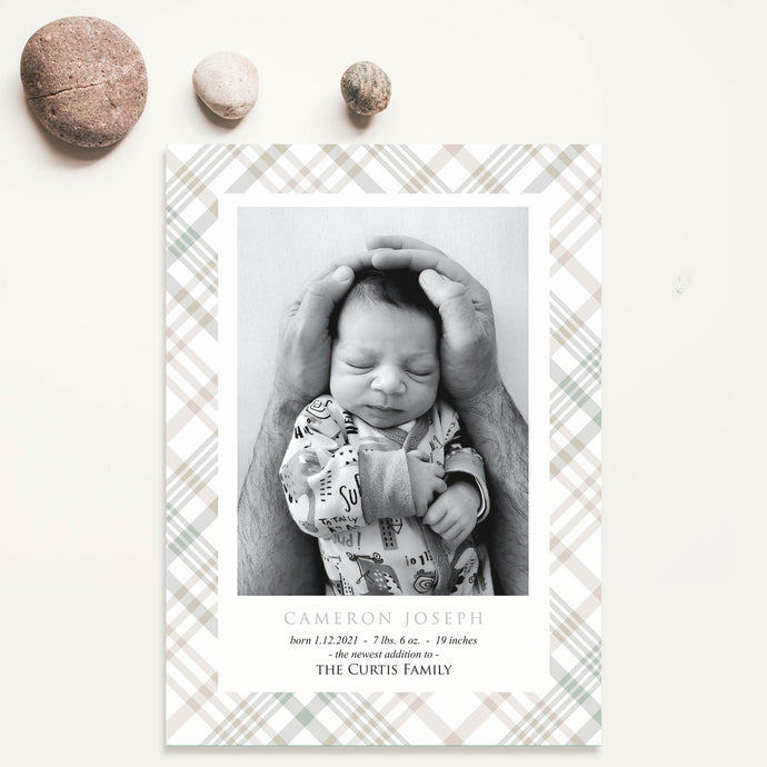 Custom Photo Birth Announcement - Classic Plaid Bushel & Peck Paper