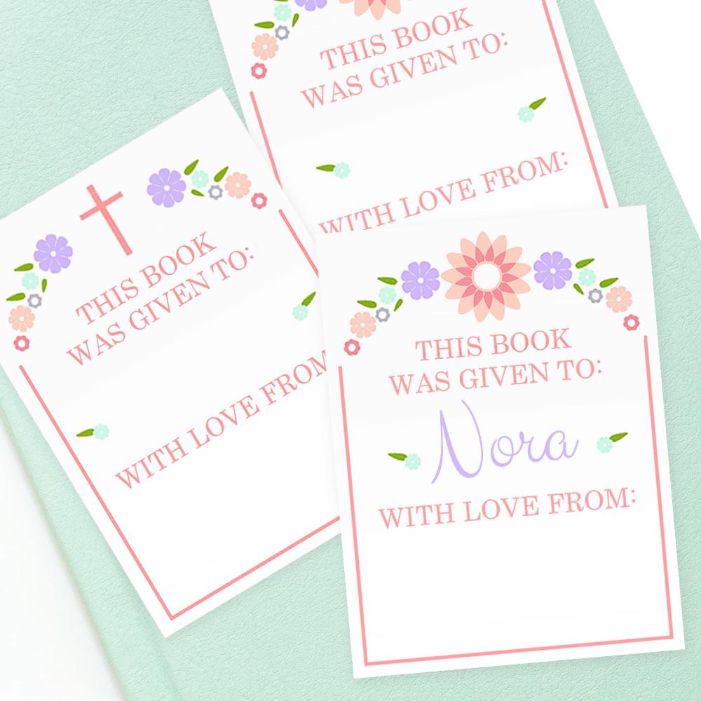 Custom Bookplates - Set of 12 Personalized Flower Cross Book Labels